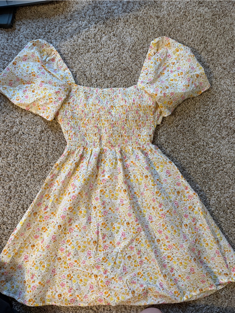 Princess Polly Yellow Floral Smocked Puff-Sleeve Mini Dress